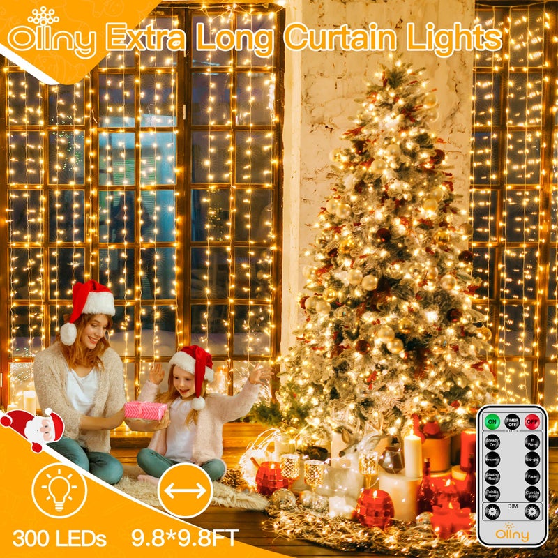 Ollny Christmas Curtain Lights 300 LED 9.8 FTx9.8 FT, Outdoor Waterproof Curtain String Lights with Remote Timer 8 Modes, USB Waterfall Window Lights for Wall Backdrop Home Decorations (Warm White) - Image 2
